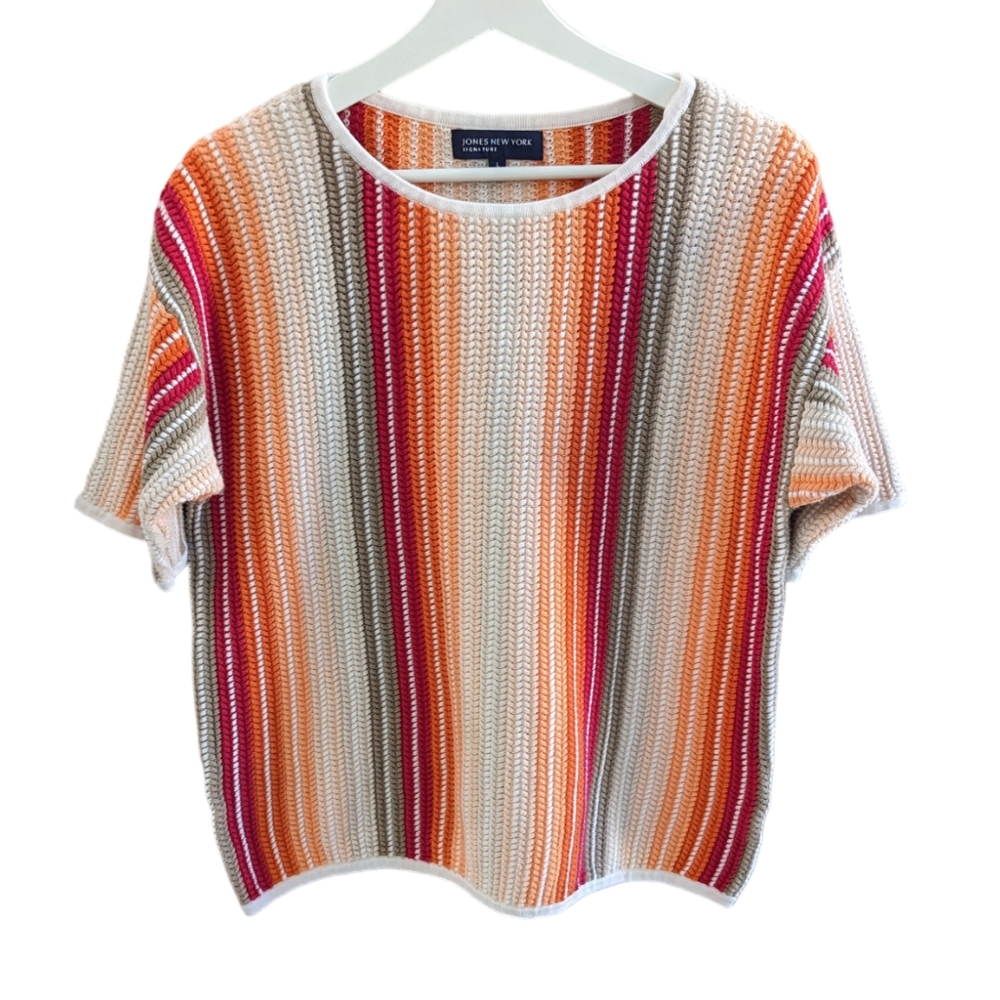 Jones New York Signature Women's Multicolor Striped Short Sleeve Summer Knit L